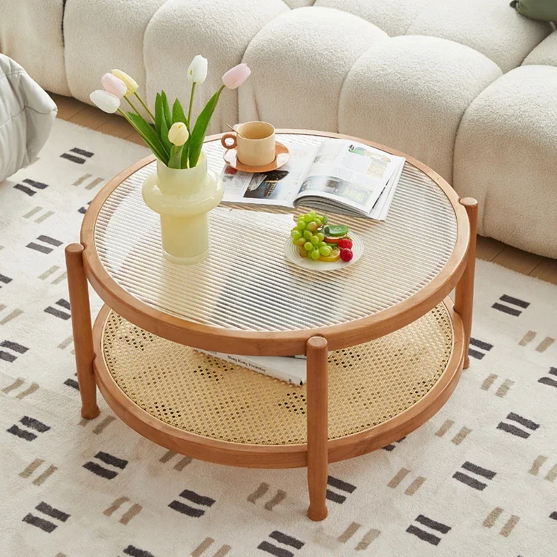 Desk Setup Minimalist - Solid Wood Rattan Woven Coffee Table